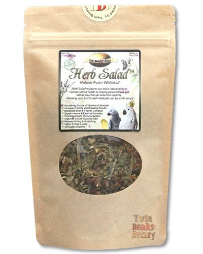 Vibrant 8oz sealed bag of Twin Beaks Herb Salad, packed with 100% organic medicinal herbs, leaves, roots, and flowers for birds.