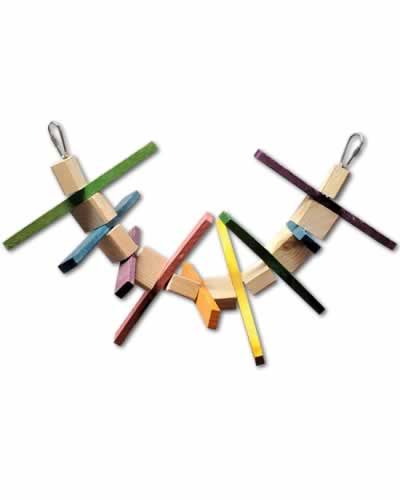 Vibrant Amazon Jungle Toy for birds, showcasing colorful wooden slats and chunks suspended on a sturdy chain for play.