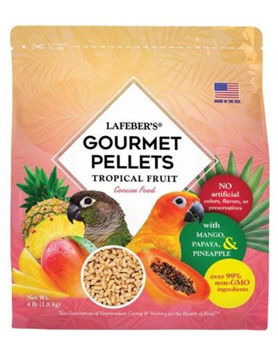 Vibrant 4lb bag of Lafeber's Tropical Fruit Conure Pellets, bursting with real papaya, mango, and pineapple flavors for pet birds.