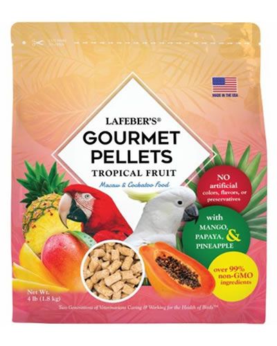 Vibrant 4lb bag of Lafeber's Tropical Fruit Macaw Pellets, bursting with colorful bits of papaya, mango, and pineapple.