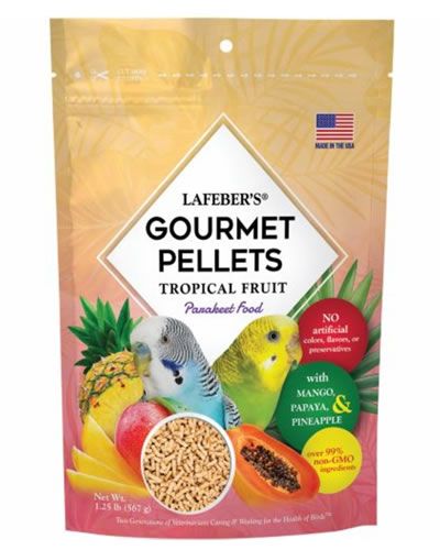 Vibrant 1.25lb bag of Lafeber's Tropical Fruit Parakeet Pellets, bursting with real papaya, mango, and pineapple bits.