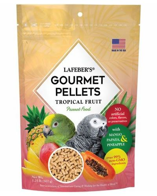 Vibrant 1.25lb bag of Lafeber's Tropical Fruit Parrot Pellets, packed with real papaya, mango, and pineapple bits for exotic flavor.