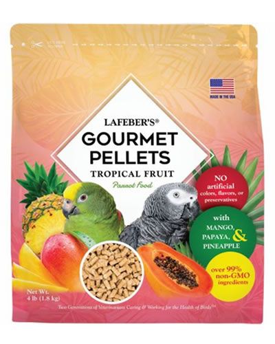 Vibrant 4lb bag of Lafeber's Tropical Fruit Parrot Pellets, bursting with colorful bits of papaya, mango, and pineapple for exotic bird nutrition.