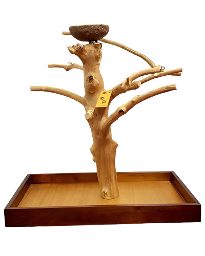 Natural Java wood bird stand for small to medium birds, featuring a sturdy base, anti-slip perch, and stainless steel bowls.