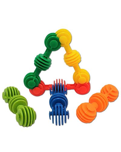 Colorful plastic interlocking 3-ball toy, perfect as a foot toy for pets, measuring about 2.5 inches long and 0.75 inches high.