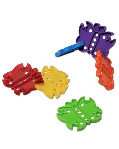 Colorful plastic butterfly base for bird toys, featuring eight 1/4" holes, sized at 2-3/8" long and 3" wide for easy setup.