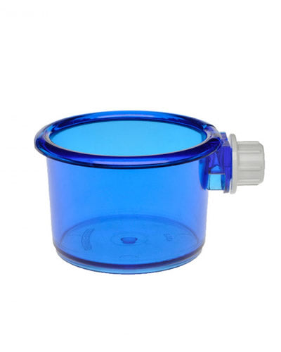 Vibrant blue 5oz Smart Crock pet bowl with a sturdy, transparent design, securely fastened to a cage for no-tip feeding.