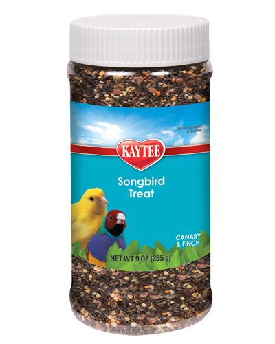 Delightful 9oz Kaytee Songbird Treat Jar filled with nutritious blend for canaries and finches to enhance their melodies.