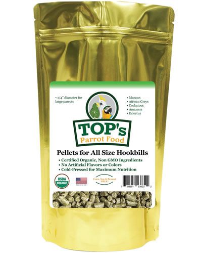 Vibrant 10lb bag of TOP's Parrot Pellets, organic and ideal for all parrot sizes, showcasing natural, cold-pressed nutrition.