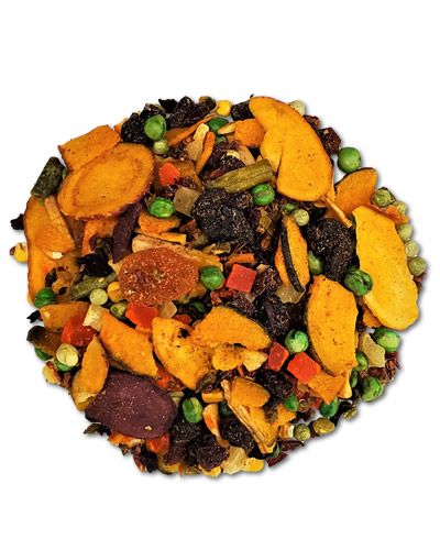 Crunchy veggie chips buffet mix with colorful sweet potato, beets, peas, and dried fruits like cranberries and pineapple.