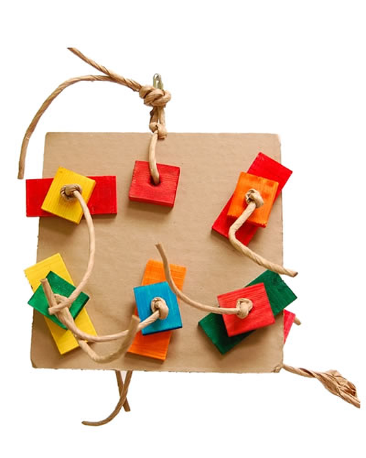Colorful 9" Md Pizza-Zoo Max bird toy with cardboard, wooden blocks, and twisted paper string for engaging play.