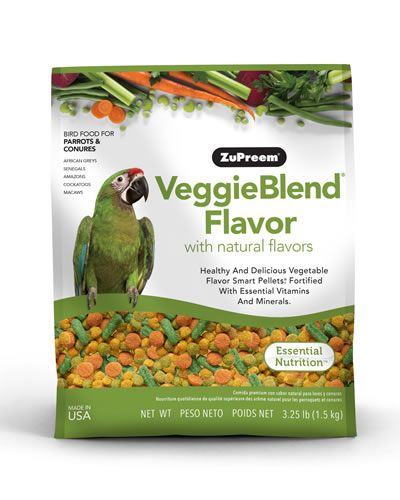Vibrant VeggieBlend Zupreem pellets in a 3.25lb bag, featuring colorful veggie shapes and a natural carrot flavor for medium to large parrots.