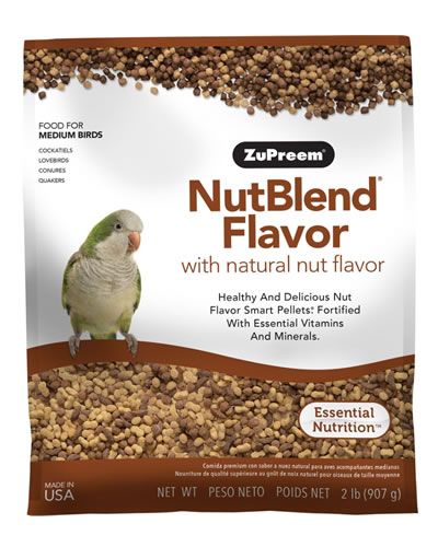 Tasty Zupreem NutBlend pellets for medium birds like Cockatiels, featuring a natural nut flavor and fun, varied shapes.
