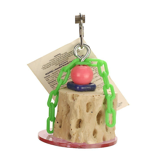 Vibrant Lg Cactus Beaks Mineral Toy by Polly's Products, featuring cactus wood, colorful banana-orange flavors, and a fun chain for birds to climb.