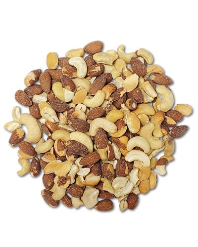 Vibrant mix of cashews and almonds in a bulk per-pound pack, showcasing a nutritious blend of golden and beige nuts.