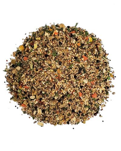 Vibrant mix of seeds, dried fruits, veggies, and herbs in a 5lb Deluxe Small Hookbill blend for small parrots.