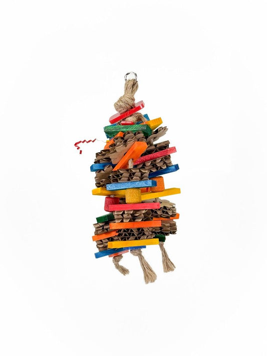 Colorful Rolly - Zoo Max bird toy with pine wood pieces and cardboard, perfect for small parrots to chew and shred.
