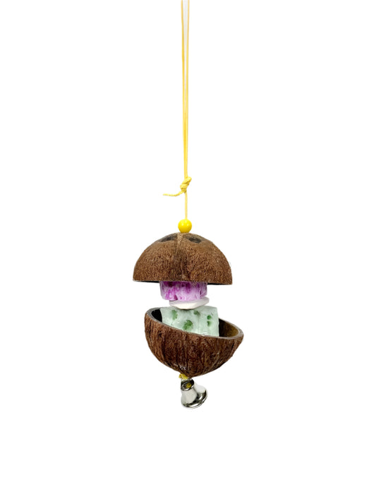 Polly's Coconut Hut Chew Toy for birds, featuring a natural coconut shell, rope, cuttlebone, and a shiny liberty bell.