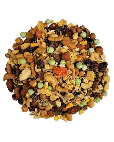Vibrant mix of exotic bird food with nuts, fruits, and seeds like cashews, mango, and cranberries in a colorful 5lb blend.