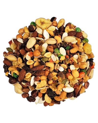 Vibrant mix of Caribbean Buffet nuts and dried fruits with colorful papaya, mango, and banana pieces in a 5lb pack.