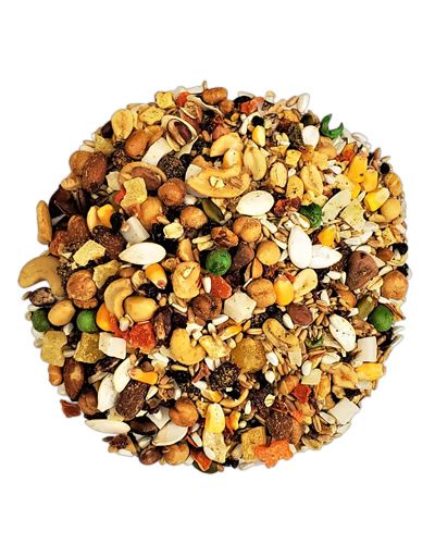 Vibrant mix of exotic Latin American Buffet bird food with colorful fruits, nuts, and seeds in a 5lb pack.
