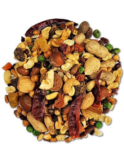 Vibrant mix of 5lb Mega Parrot bird food with colorful fruits, nuts, and veggies like papaya, cashews, and chili peppers.