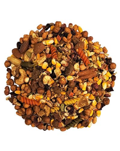 Vibrant mix of South American Buffet bird food with colorful fruits, nuts, and grains like bananas, cashews, and rice.