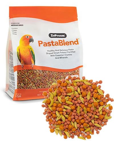 Colorful small pasta shapes mixed with vibrant pellets in Zupreem PastaBlend Medium, a nutritious daily bird food for medium birds.
