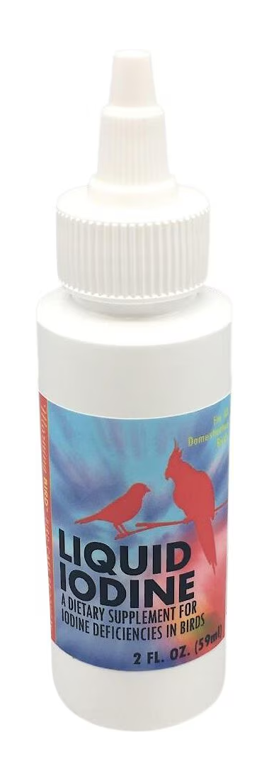 Clear glass bottle of 2oz Morning Bird Liquid Iodine, a vital supplement for birds to support thyroid health and vibrant feathers.