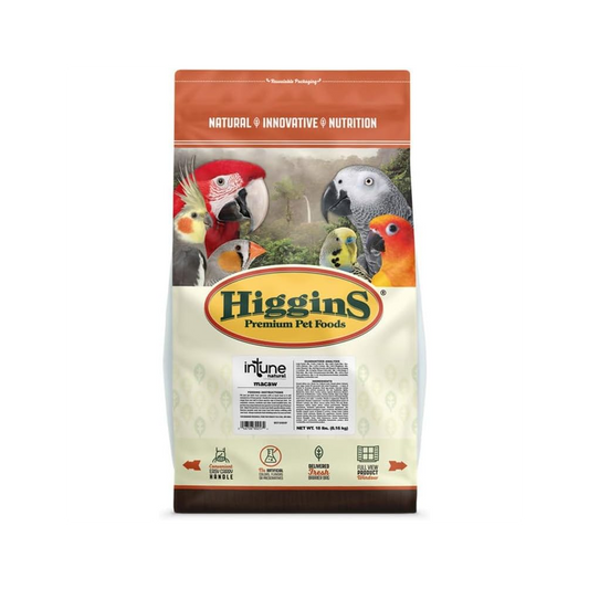 Vibrant 18lb Higgins Macaw InTune Pellets, showcasing colorful, natural bird food pellets bursting with fruit aromas.