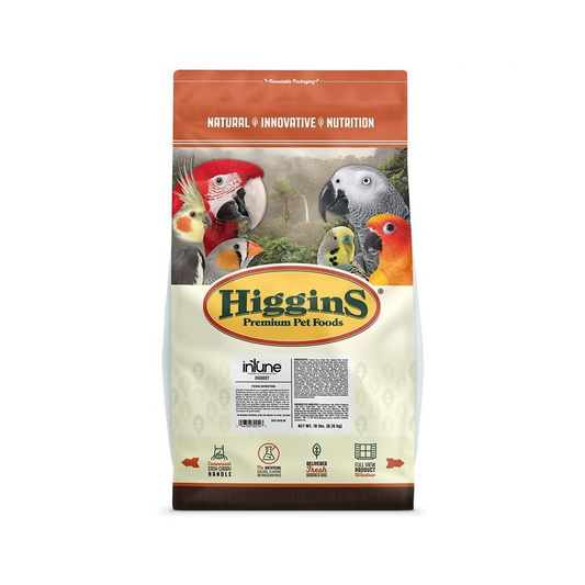Vibrant 18lb Higgins Parrot InTune Pellets bursting with natural fruit flavors like banana and cranberry for healthy birds.