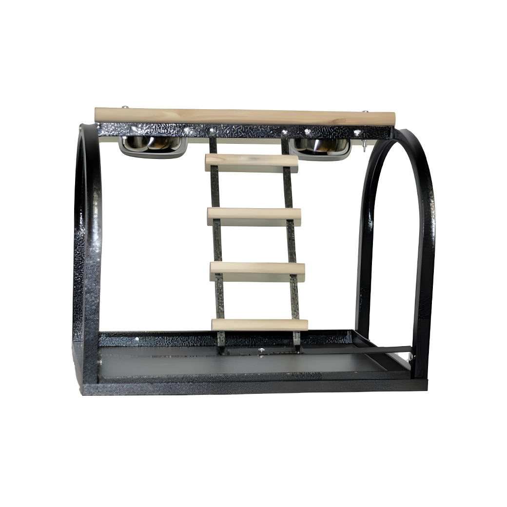 Vibrant J11 Portable Tabletop Play Stand with stainless steel dishes, wooden perch, and ladder, perfect for small to medium birds.