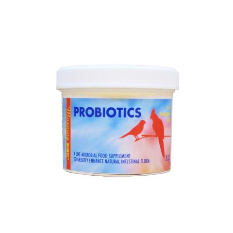 Close-up of a 3oz jar of Morning Bird ProBiotics, a microbial supplement for birds, with clear labeling on a white background.