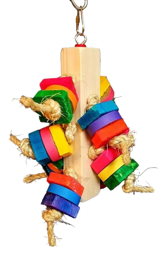 Vibrant Small Chunker bird toy with colorful wooden blocks and bagels on sisal rope, perfect for playful parrots.