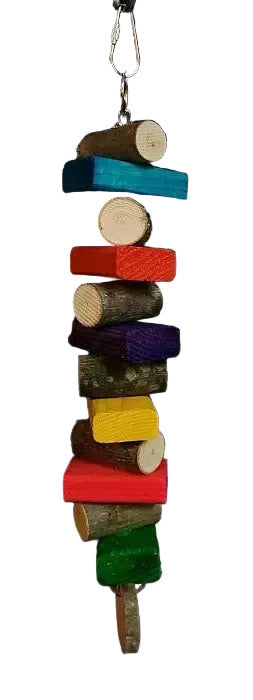 Vibrant bird toy featuring natural and colored wood blocks of maple, ash, or poplar, strung on a durable chain for chewing fun.