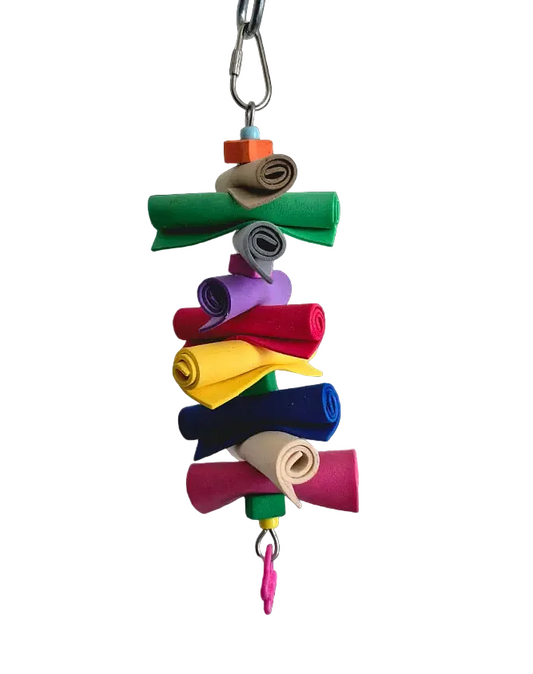 Vibrant foam rollers bird toy with colorful rolled foam, textured separators, and beaded shapes, perfect for small birds.