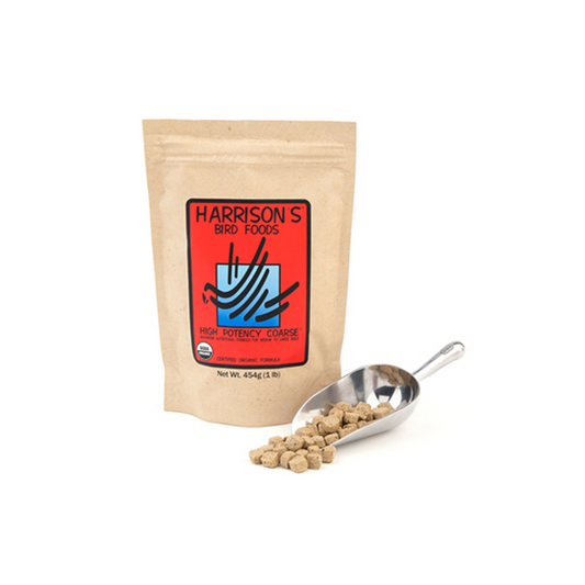 Harrison's High Potency Coarse 25lb bag, featuring large, crunchy nuggets of organic bird food for Amazons and Macaws.