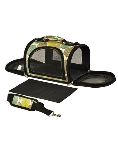 Cozy tan soft-sided bird carrier with mesh panels for ventilation, a comfy fabric interior, and a convenient shoulder strap.