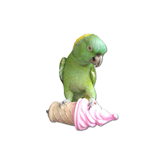 Charming cinnamon ice cream cone-shaped perch by Polly's, a calcium-rich treat for small birds like parakeets, sized at 8.5 inches long.