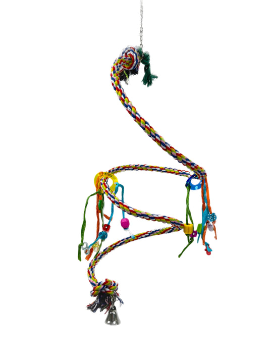 Vibrant cotton rope boing for small birds, featuring a colorful spiral design and a liberty bell at the bottom for play.