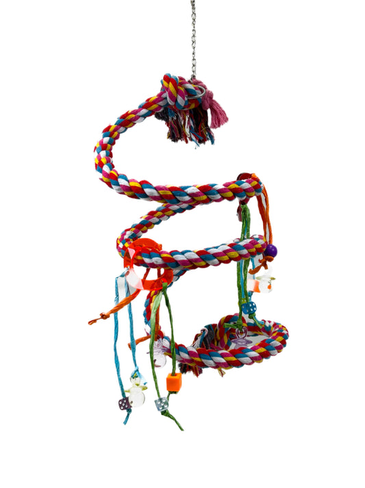 Vibrant medium cotton rope boing for birds, featuring a colorful spiral design, a liberty bell at the bottom, and a durable 66-inch length.
