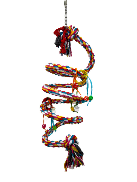 Vibrant rainbow cotton rope boing for birds, featuring a playful liberty bell at the bottom, perfect for cage or play stand fun.